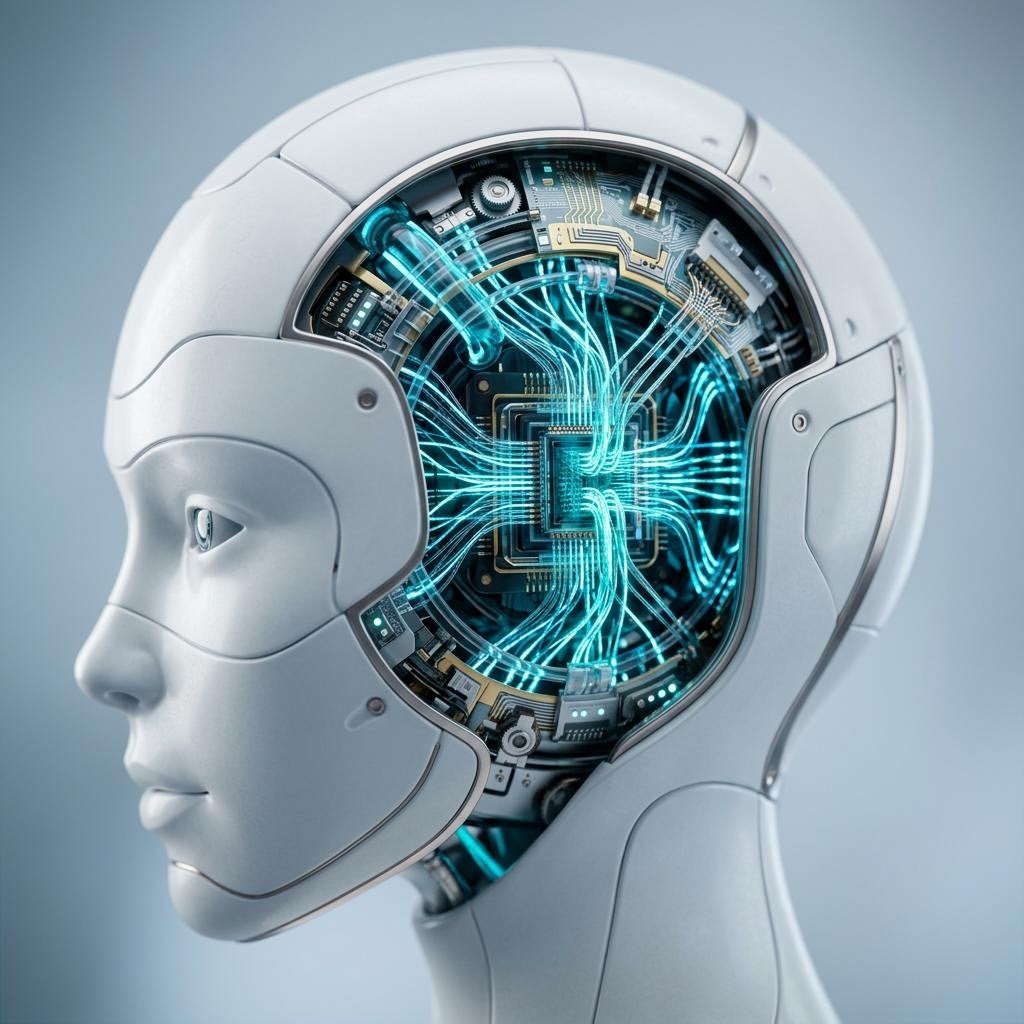 Close render of a robot neural core with cyan filaments